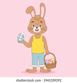 Cartoon easter bunny carrying a basket full egg