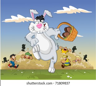 Cartoon easter bunny carrying a basket full of chocolate eggs running from kids