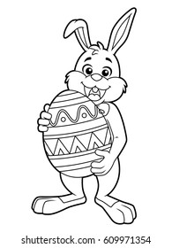 Cartoon Easter Bunny Carrying A Big Egg Line Art