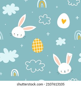 Cartoon easter bunny, cloud, rainbow and eggs pattern. Seamless vector print for fabric, textile, apparel, nursery.