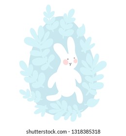 Cartoon Easter Bunny and Cute Chick Egg with leaves and branches. Easter or Nursery Vector Illustration. Soft grey and blue pastel colors.