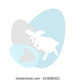 Cartoon Easter Bunny and Cute Chick Eggs. Easter or Nursery Vector Illustration. Soft grey and blue pastel colors.