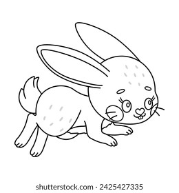Cartoon easter Bunny. Cute rabbit. Kawaii bunny jumping. Coloring page for kids and adults. Line art black and white Vector illustration.