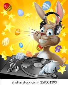 A cartoon Easter Bunny DJ with headphones on at the record decks with chocolate Easter eggs in the background