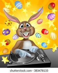 Cartoon Easter bunny DJ mixing at the the decks or turntables with chocolate Easter eggs in the background