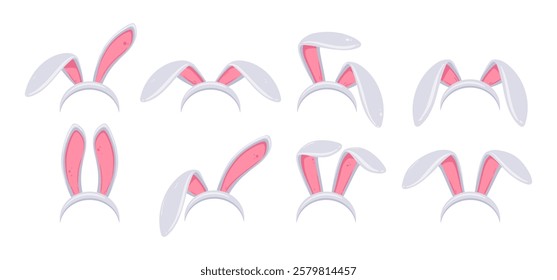 Cartoon Easter bunny ears. Cute bunnies ears band, Easter rabbit ears mask flat vector illustration set. Bunny ears party costume elements