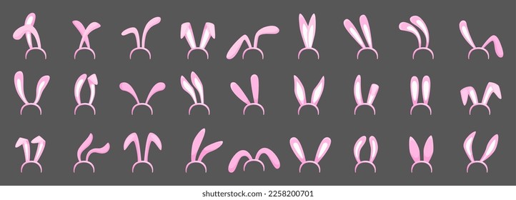 Cartoon easter bunny ears, rabbit ear costume decorative elements. Headband, social media photo mask templates. Easter neoteric vector set