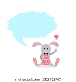 Cartoon Easter bunny with egg, heart and speech bubble. Happy Easter background
