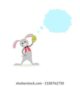 Cartoon Easter bunny with egg and speech bubble. Happy Easter background