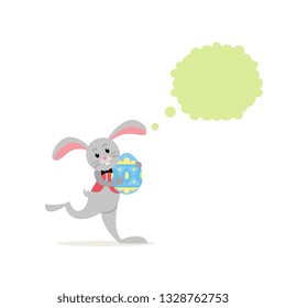 Cartoon Easter bunny with egg and speech bubble. Happy Easter background