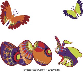 Cartoon Easter Bunny with Easter eggs and butterflies.