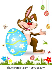 Cartoon easter bunny. Easter eggs, butterflies, flowers, grass. Character for greeting card.