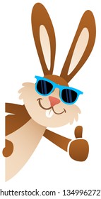 Cartoon Easter bunny giving thumbs up wearing sunglasses peeking behind blank board, lateral, upright, isolated on white background