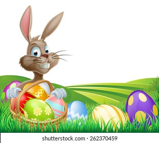 Cartoon Easter Bunny with a hamper of chocolate Easter eggs in a field with rolling hills
