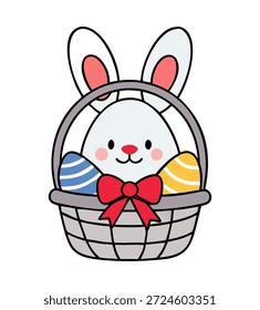 Cartoon Osterhase Kopf mit einem roten Bogen, sitzen in einem Korb mit bunt dekorierten Eiern, feiert den Frühling Urlaub