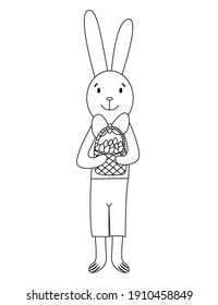 Caricatura Conejo de Pascua sosteniendo huevos de cesta. Feliz página de colorear en Semana Santa. Conejo y huevos. Libro de Colores para niños. Ilustración vectorial.