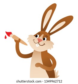Cartoon Easter bunny holding paint brush looking to the side isolated on white background