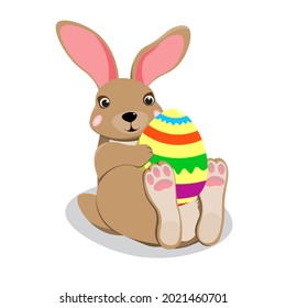 Cartoon Easter bunny hugging eggs. Vector clip art illustration with simple gradient.