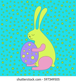 Cartoon Easter bunny illustration with sweet bunny holding an egg. Cute vector colorful Easter bunny illustration. Cheerful Easter bunny illustration for prints, posters, t-shirts, covers and cards.