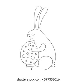 Cartoon Easter bunny illustration with sweet bunny holding an egg. Cute vector black and white Easter bunny illustration. Monochrome Easter bunny illustration for prints, posters, t-shirts and cards.