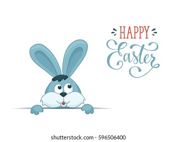 Cartoon easter bunny isolated on white background. Fun illustration of rabbit with Happy Easter wording.