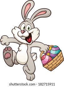 Cartoon Easter bunny jumping with egg basket. Vector clip art illustration with simple gradients. All in a single layer. 