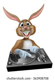 A cartoon Easter bunny music DJ mixing at the the decks or turn table