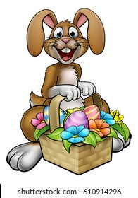 Cartoon Easter Bunny on an Easter egg hunt with a basket or hamper