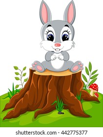 Cartoon Easter Bunny on tree stump