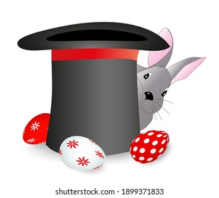 Cartoon easter bunny peeking out from behind a top hat on a white background. Vector.