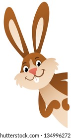 Cartoon Easter bunny peeking from the side, behind wall, upright, isolated on white background