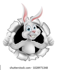 Cartoon Easter bunny rabbit breaking through the background and giving a thumbs up