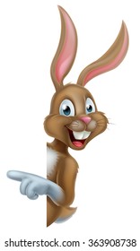 Cartoon Easter bunny rabbit character pointing at a background sign