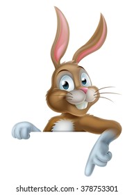 Cartoon Easter bunny rabbit character pointing at an Easter message