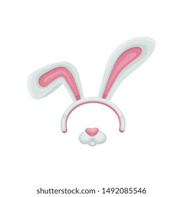 Cartoon easter bunny or rabbit ears and mouth with nose details vector illustration isolated on white background. Funny animal mask assets for photo decoration.