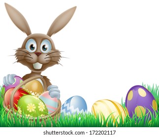 A cartoon Easter bunny rabbit with an Easter eggs basket
