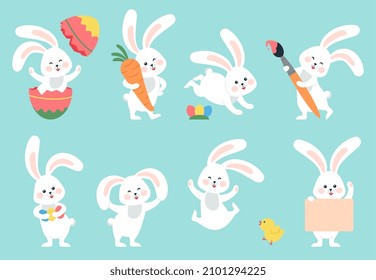 Cartoon easter bunny. Rabbit hiding, bunnies with eggs and flowers. Cute springtime characters, hare painted and chicken. Seasonal holidays decent vector animals