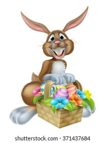 Cartoon Easter bunny rabbit holding an Easter basket full of chocolate painted Easter eggs