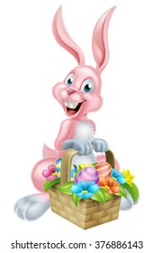 Cartoon Easter bunny rabbit holding an Easter basket full of chocolate Easter eggs