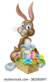 Cartoon Easter bunny rabbit holding an Easter Eggs basket full of chocolate decorated Easter eggs