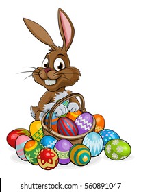 Cartoon Easter bunny rabbit holding a basket full of eggs