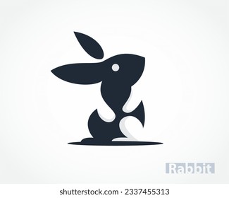 cartoon easter bunny rabbit looking up with hand and foot negative space logo design template illustration