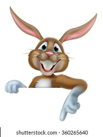 Cartoon Easter bunny rabbit peeking over a sign and pointing at it