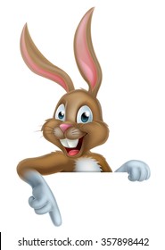 Cartoon Easter bunny rabbit pointing down at a background 