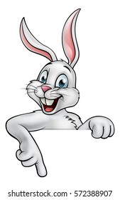 A cartoon Easter bunny or rabbit pointing down