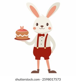 Cartoon Easter bunny rabbit in shorts holding a easter cake. Greeting card Happy Easter for decorative, banner, poster, card. Vector illustration on white background