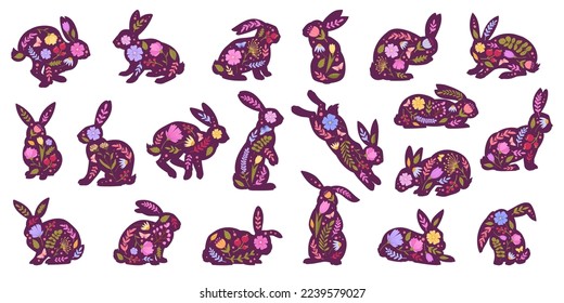 Caricatura Siluetas de conejito de Pascua. Conejos de flores de primavera, conejos decorados de liebre de yegua llana de la ilusión vectorial. Colección de siluetas de conejos de vacaciones