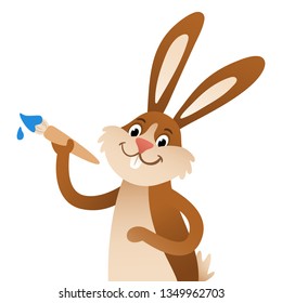 Cartoon Easter bunny smiling and holding paint brush isolated on white background