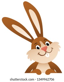 Cartoon Easter bunny standing behind blank board smiling isolated on white background