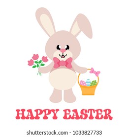 cartoon easter bunny with tie and basket easter egg and flowers with text